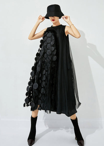 Bohemian Black Asymmetrical Patchwork Wrinkled Tulle Maxi Dress Sleeveless LY0832