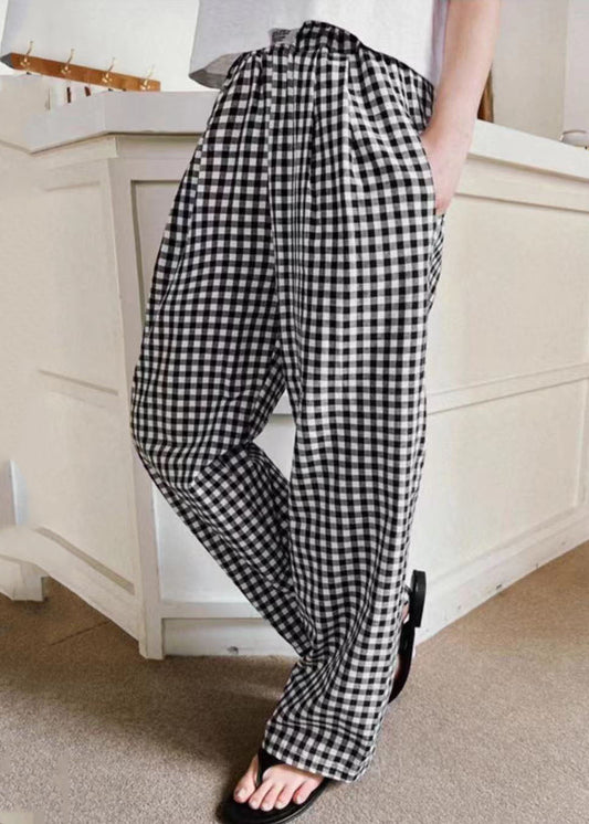 Bohemian Black Elastic Waist Plaid Linen Wide Leg Pants Spring LY1364