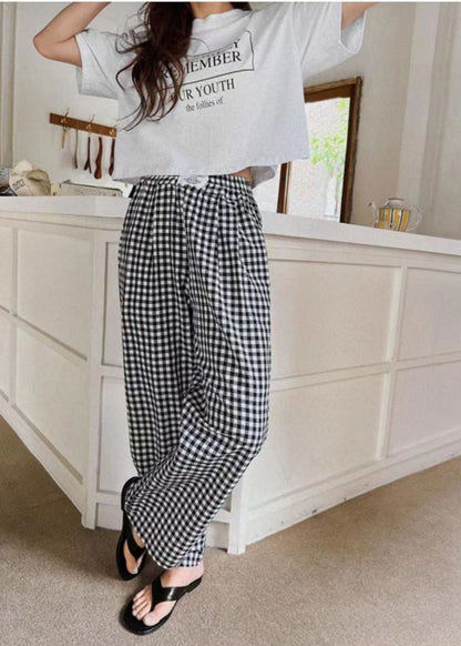 Bohemian Black Elastic Waist Plaid Linen Wide Leg Pants Spring LY1364