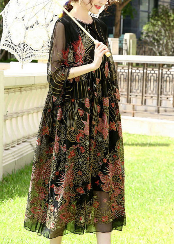 Bohemian Black Embroideried Lace Up Silk A Line Dresses Summer LY0684