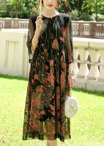 Bohemian Black Embroideried Lace Up Silk A Line Dresses Summer LY0684