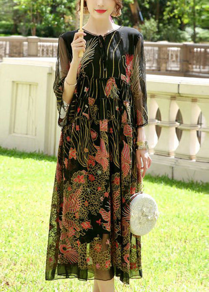 Bohemian Black Embroideried Lace Up Silk A Line Dresses Summer LY0684