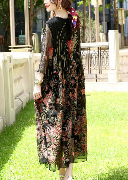 Bohemian Black Embroideried Lace Up Silk A Line Dresses Summer LY0684