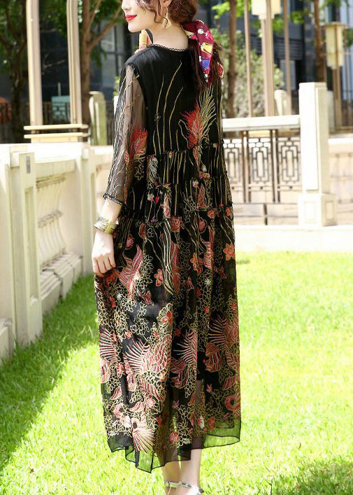 Bohemian Black Embroideried Lace Up Silk A Line Dresses AC3057