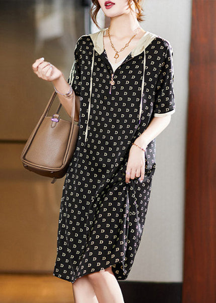Bohemian Black Graphic Print Patchwork Neck Tie Hooded Maxi Dresses Short Sleeve LY1528