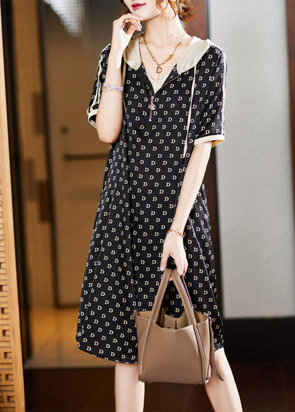 Bohemian Black Graphic Print Patchwork Neck Tie Hooded Maxi Dresses Short Sleeve LY1528