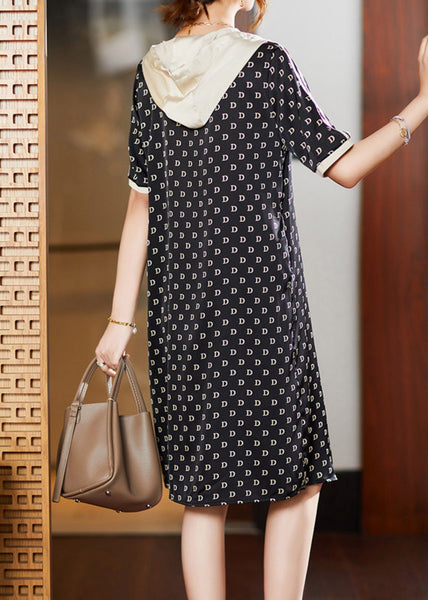 Bohemian Black Graphic Print Patchwork Neck Tie Hooded Maxi Dresses Short Sleeve LY1528