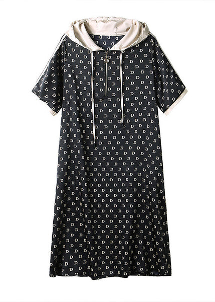 Bohemian Black Graphic Print Patchwork Neck Tie Hooded Maxi Dresses Short Sleeve LY1528