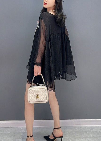 Bohemian Black O Neck Wrinkled Patchwork Tulle Top Spring