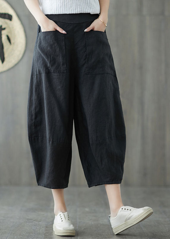 Bohemian Black Oversized Patchwork Pockets Linen Harem Pants Summer LY1509