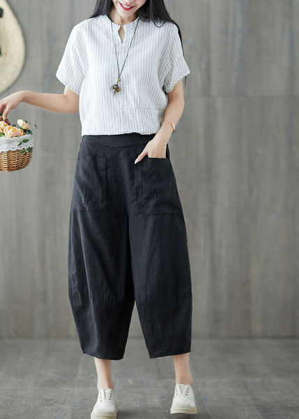 Bohemian Black Oversized Patchwork Pockets Linen Harem Pants Summer LY1509