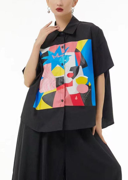 Chemise bohème noire oversize en coton imprimé été LC0128