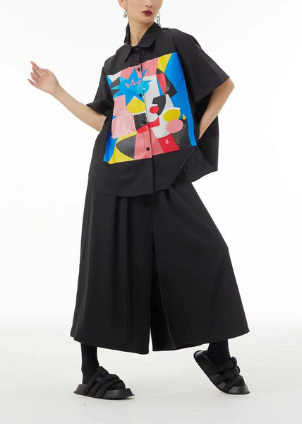 Chemise bohème noire oversize en coton imprimé été LC0128