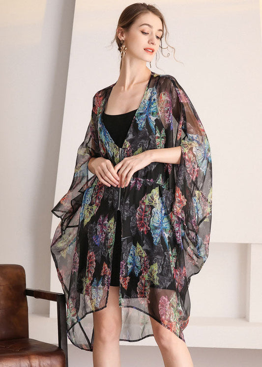 Bohemian Black Oversized Print Hollow Out Tulle Cardigan Summer LY0326