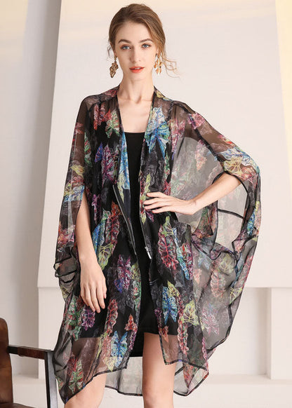 Bohemian Black Oversized Print Hollow Out Tulle Cardigan Summer LY0326