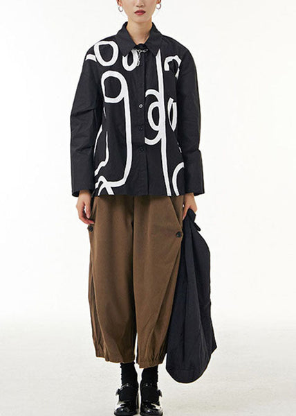 Bohemian Black Peter Pan Collar Geometric Patchwork Cotton Blouses Spring LY1168