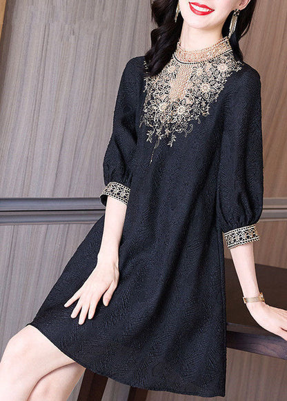 Bohemian Black Stand Collar Lace Patchwork Spandex Mid Dress Half Sleeve LC0089