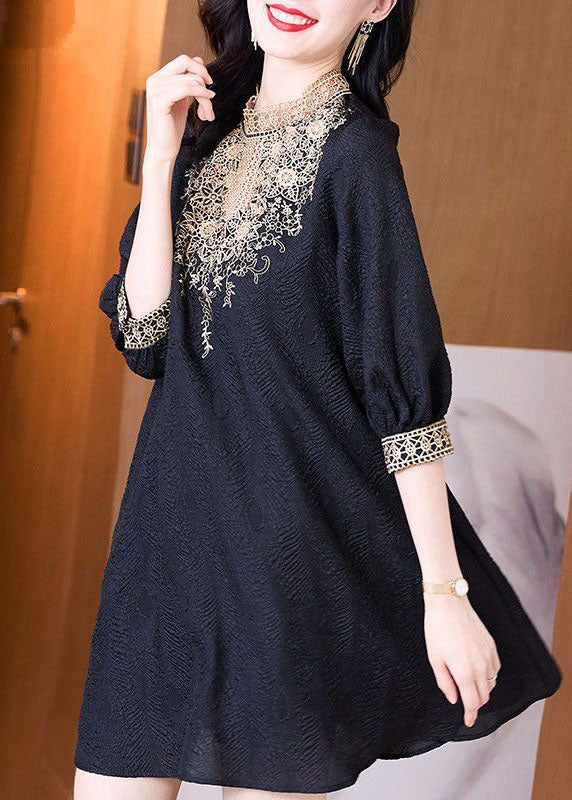 Bohemian Black Stand Collar Lace Patchwork Spandex Mid Dress Half Sleeve LC0089