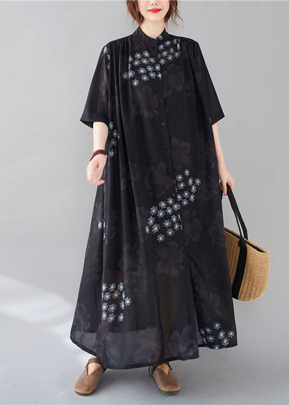 Bohemian Black Stand Collar Oversized Print Chiffon Shirt Dresses Summer AC2042