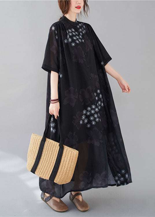 Bohemian Black Stand Collar Oversized Print Chiffon Shirt Dresses Summer AC2042