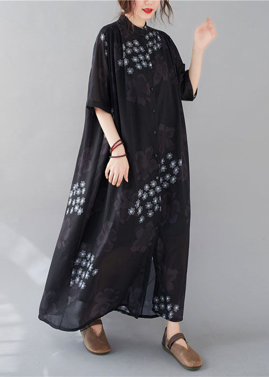 Bohemian Black Stand Collar Oversized Print Chiffon Shirt Dresses Summer AC2042