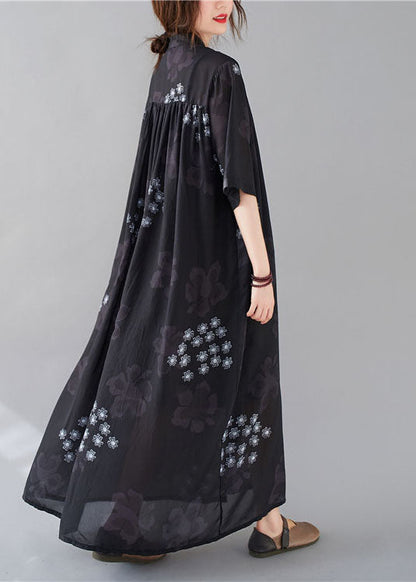 Bohemian Black Stand Collar Oversized Print Chiffon Shirt Dresses Summer AC2042