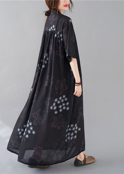 Bohemian Black Stand Collar Oversized Print Chiffon Shirt Dresses Summer AC2042