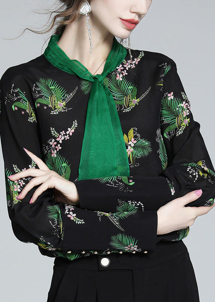 Bohemian Black Stand Collar Print Silk Shirt AC3035