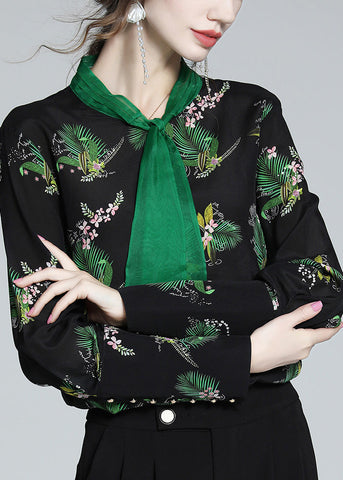 Bohemian Black Stand Collar Print Silk Shirt Spring LY0729