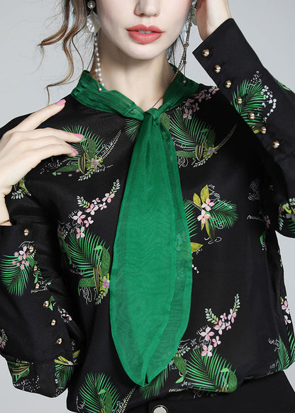 Bohemian Black Stand Collar Print Silk Shirt Spring LY0729