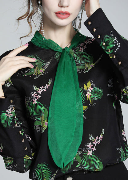 Bohemian Black Stand Collar Print Silk Shirt AC3035