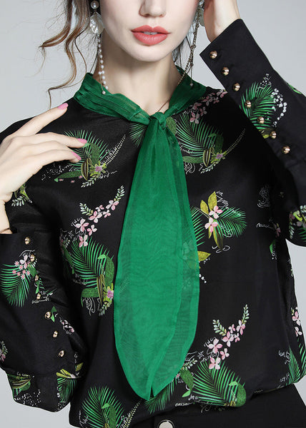 Bohemian Black Stand Collar Print Silk Shirt Spring LY0729