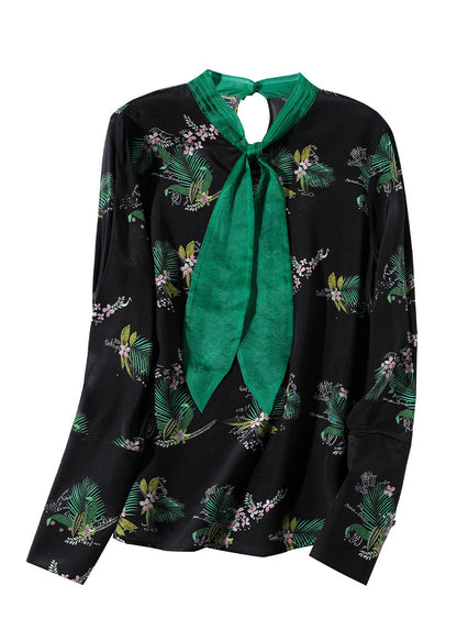 Bohemian Black Stand Collar Print Silk Shirt Spring LY0729