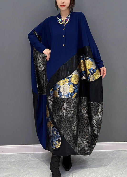 Bohemian Blue O-Neck Print Patchwork Button Long Dress Fall HA1012