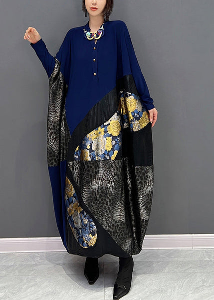 Bohemian Blue O-Neck Print Patchwork Button Long Dress Fall HA1012