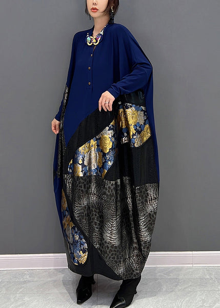 Bohemian Blue O-Neck Print Patchwork Button Long Dress Fall HA1012