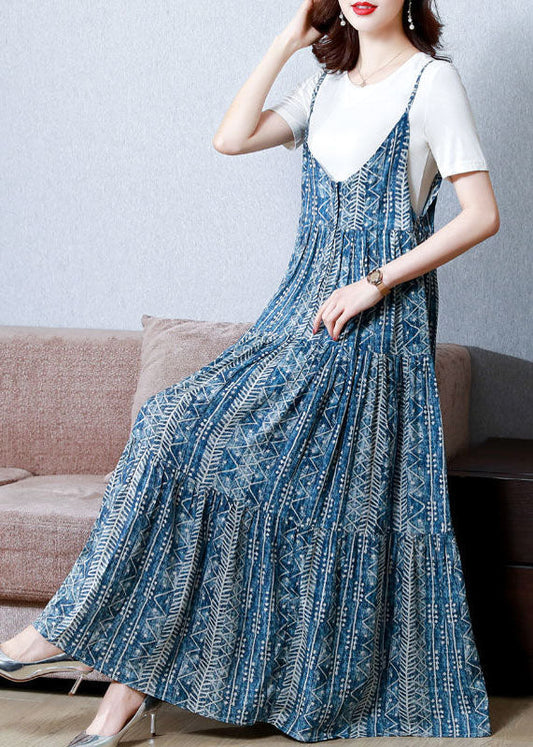 Bohemian Blue Print Patchwork Exra Large Hem Cotton Spaghetti Strap Dress Two Piece Set Summer AC2036