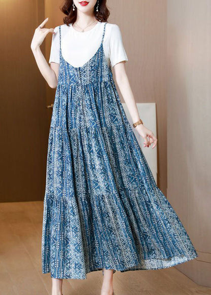 Bohemian Blue Print Patchwork Exra Large Hem Cotton Spaghetti Strap Dress Two Piece Set Summer AC2036