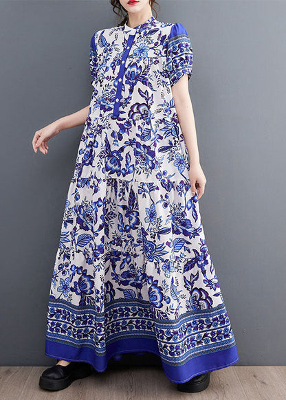 Bohemian Blue Print Stand Collar Chiffon Long Dress Lantern Sleeve LY1493