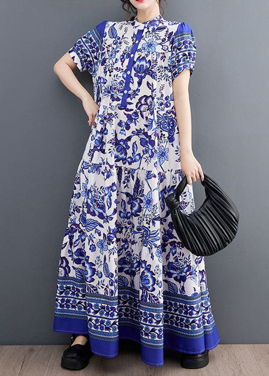 Bohemian Blue Print Stand Collar Chiffon Long Dress Lantern Sleeve LY1493