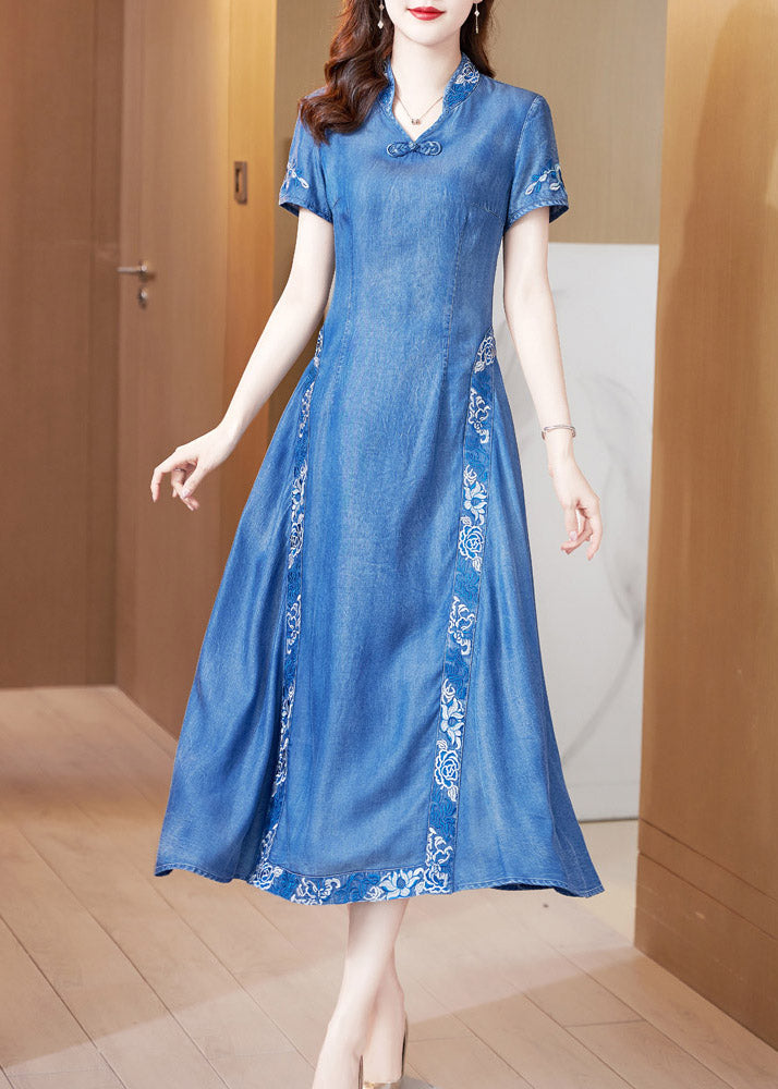 Bohemian Blue Stand Collar Embroideried Butto Silk Denim Maxi Dresses Short Sleeve AC2038