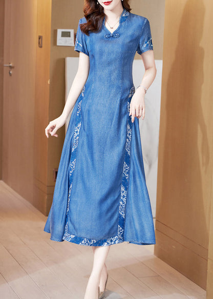 Bohemian Blue Stand Collar Embroideried Butto Silk Denim Maxi Dresses Short Sleeve AC2038