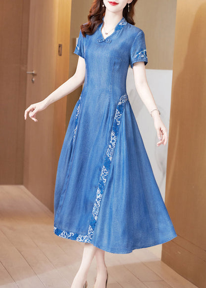 Bohemian Blue Stand Collar Embroideried Butto Silk Denim Maxi Dresses Short Sleeve AC2038