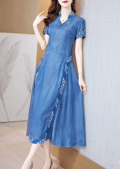 Bohemian Blue Stand Collar Embroideried Butto Silk Denim Maxi Dresses Short Sleeve AC2038