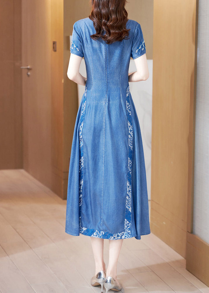 Bohemian Blue Stand Collar Embroideried Butto Silk Denim Maxi Dresses Short Sleeve AC2038