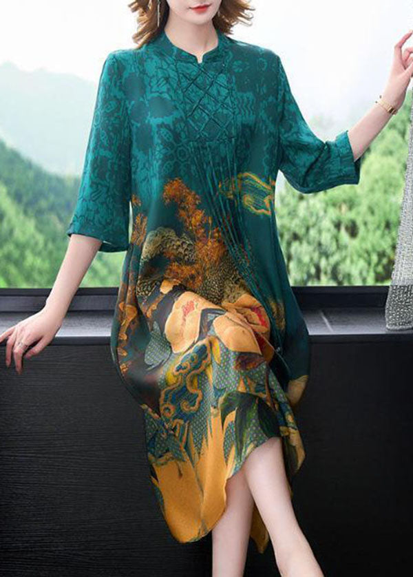 Bohemian Blue Stand Collar Print Tassel Silk Long Dress Half Sleeve LC0199