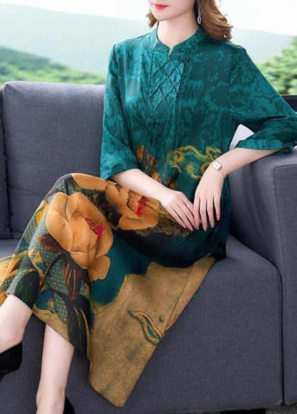 Bohemian Blue Stand Collar Print Tassel Silk Long Dress Half Sleeve LY1711