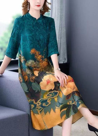 Bohemian Blue Stand Collar Print Tassel Silk Long Dress Half Sleeve LC0199