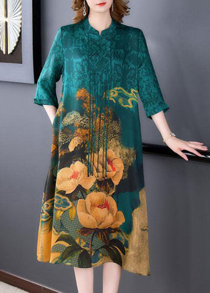 Bohemian Blue Stand Collar Print Tassel Silk Long Dress Half Sleeve LY1711