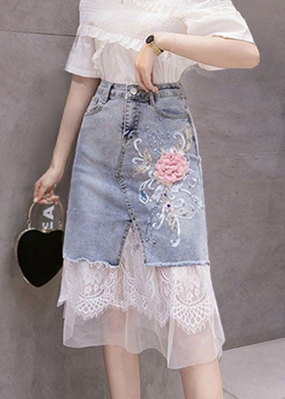 Bohemian Blue Tulle Patchwork Floral Button Denim Skirt TY1075